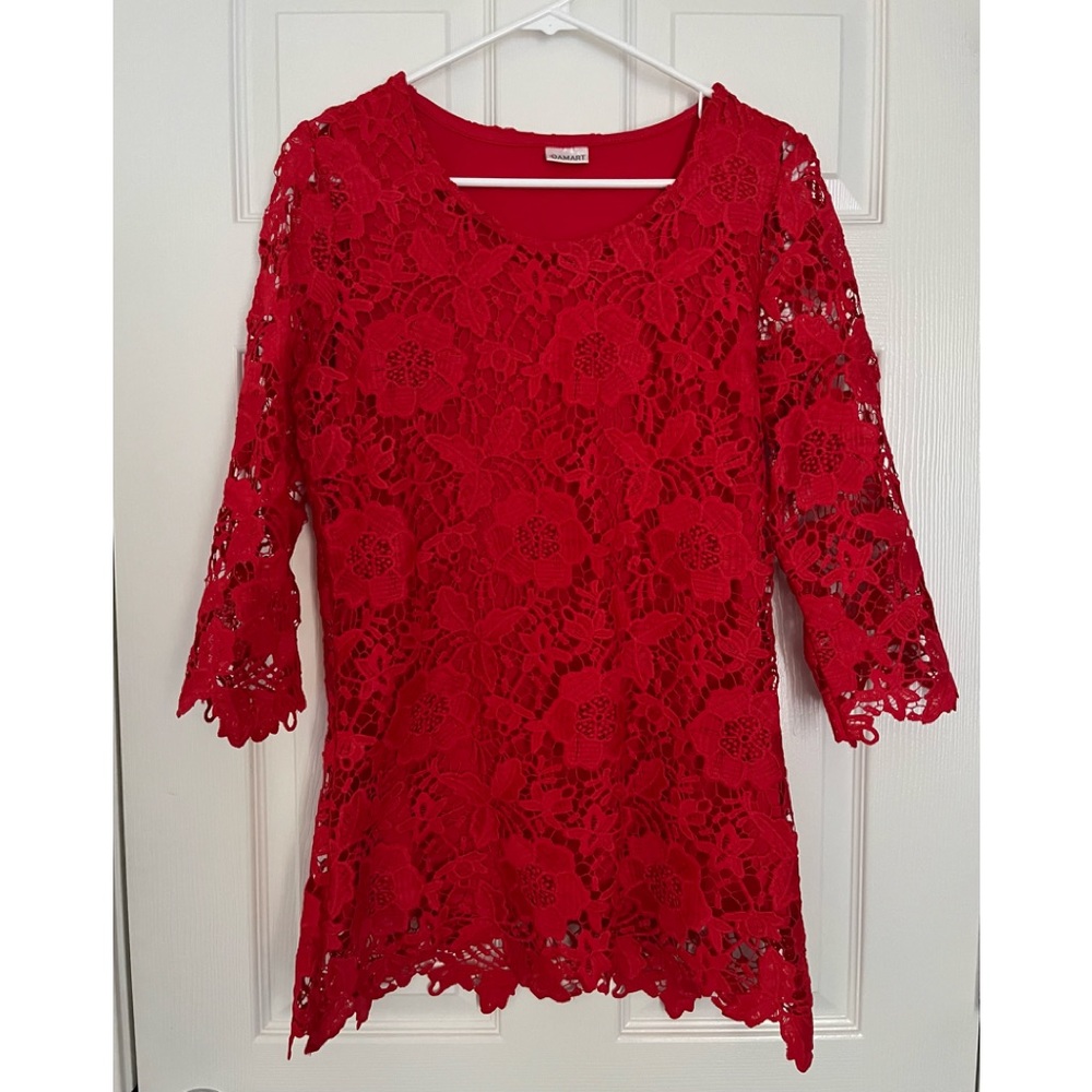 Long Sleeve Top Red w/ Crochet Lace